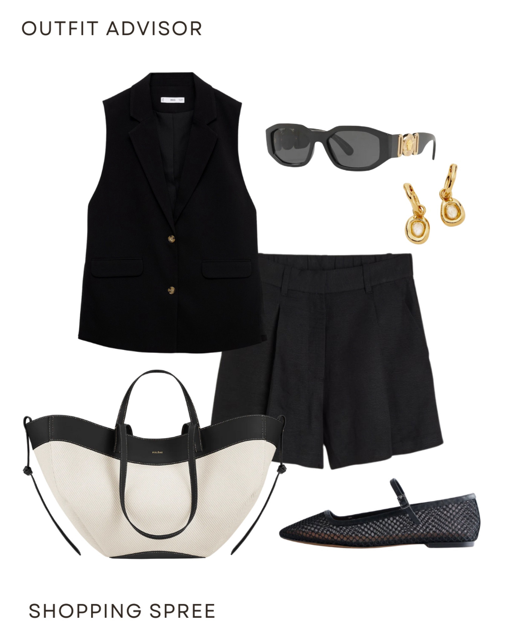 Chic all black summer outfit idea for work: a balck waist coat, linen shorts, mesh flats, gold earrings, sunglasses and a teo tone handbag (from Polene)

#LTKworkwear #LTKsummer #LTKstyletip