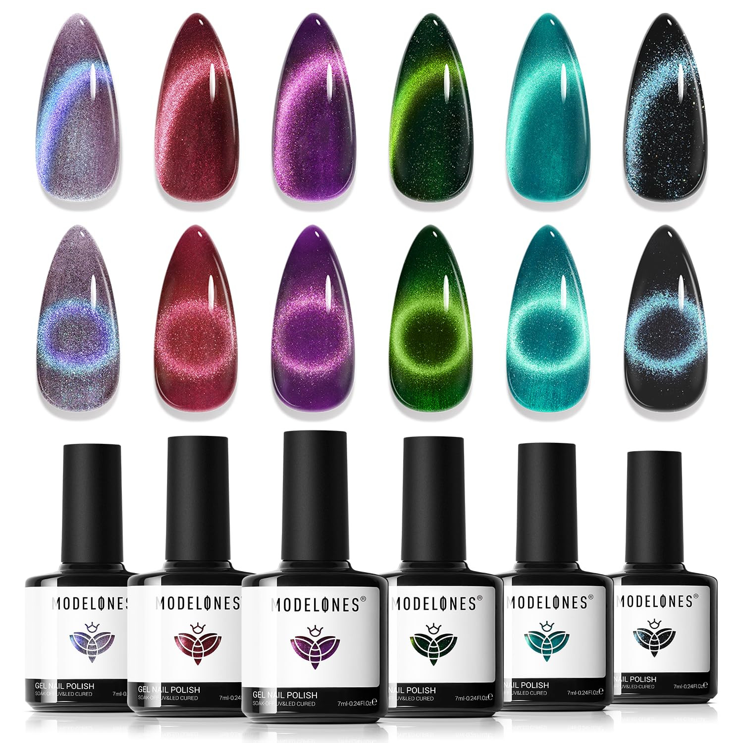 modelones Cat Eye Gel Nail Polish, 6 Colors Glitter Red Green Purple Blue Gel Polish Set with Mag... | Amazon (US)