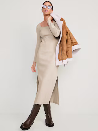 Fitted Long-Sleeve Rib-Knit Maxi Dress for Women | Old Navy (US)