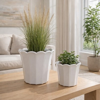 Scalloped Flower Pots for Home Decor - Stoneware Ceramic Planters for Outdoor and Indoor Plants - Set of 2, 8", 6", White & Ivory | Target