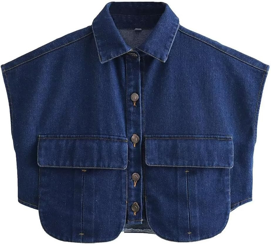 Perbai Womens Cropped Button Down Shirt Summer Collared Sleeveless Loose Denim Top with Pockets | Amazon (US)