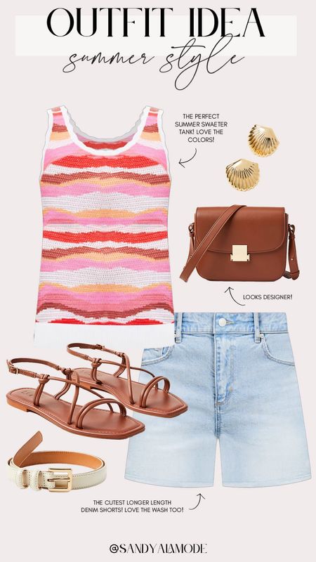 Summer outfit idea | pink striped summer sweater | longer length denim shorts | chic summer outfit | elevated casual summer outfit | gold shell earrings | designer inspired cognac leather crossbody | cognac strappy sandals 

#LTKStyleTip #LTKSeasonal #LTKFindsUnder100