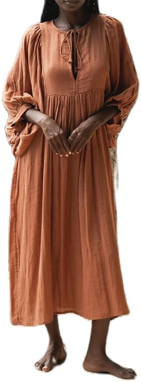 Wome Boho Floral Maxi Dress Puff Sleeve Flowy Long Dress V Neck Loose Fit Shirt Dress Bohemian Ti... | Amazon (US)