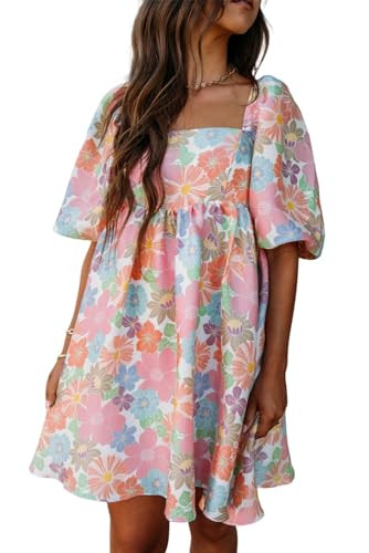 Women's Pink Summer Floral Square Neck Puff Sleeve Babydoll Dress Casual Floral Mini Dresses | Amazon (US)