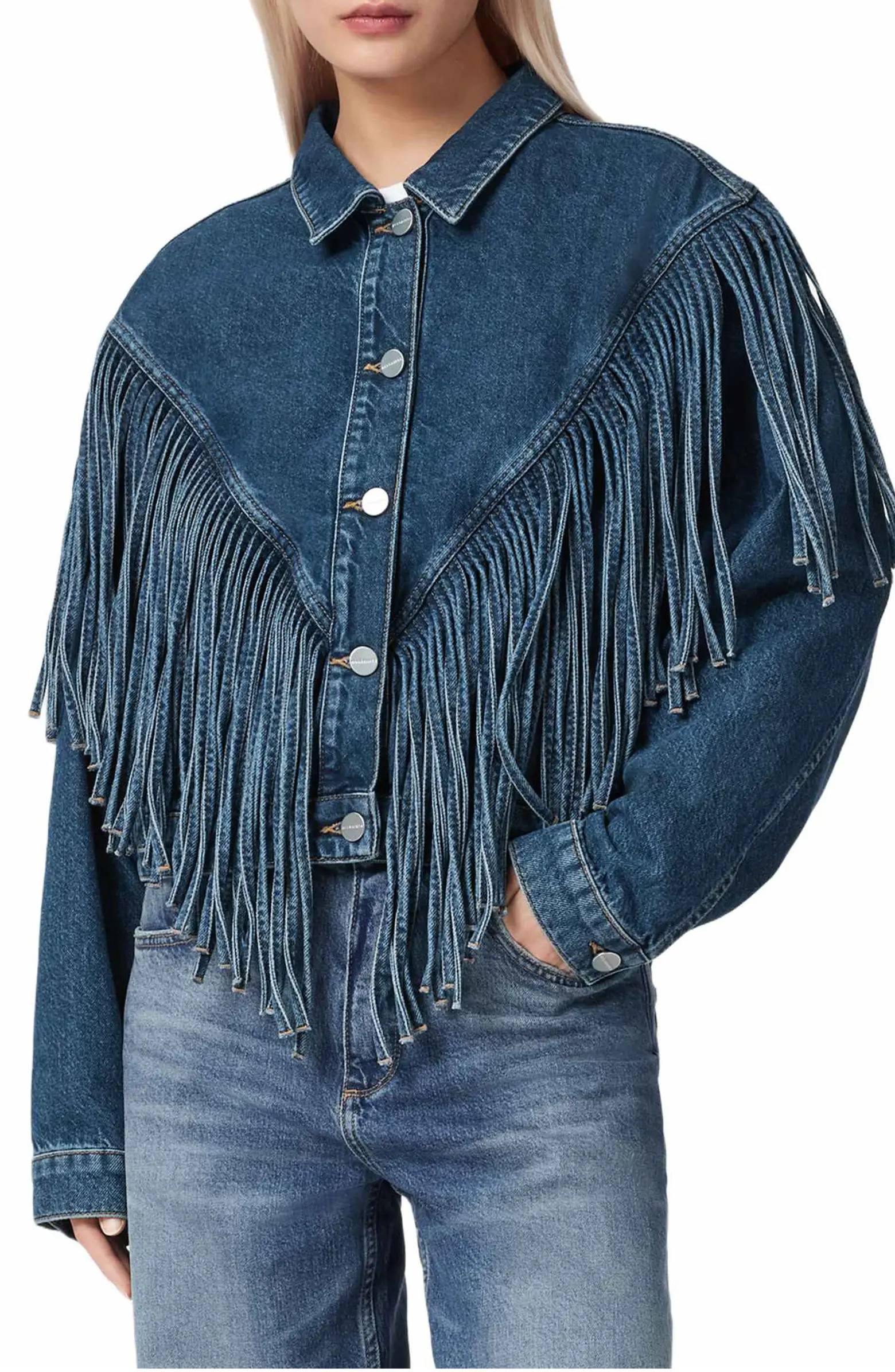 AllSaints Marlene Fringe Trim Denim Jacket | Nordstrom | Nordstrom
