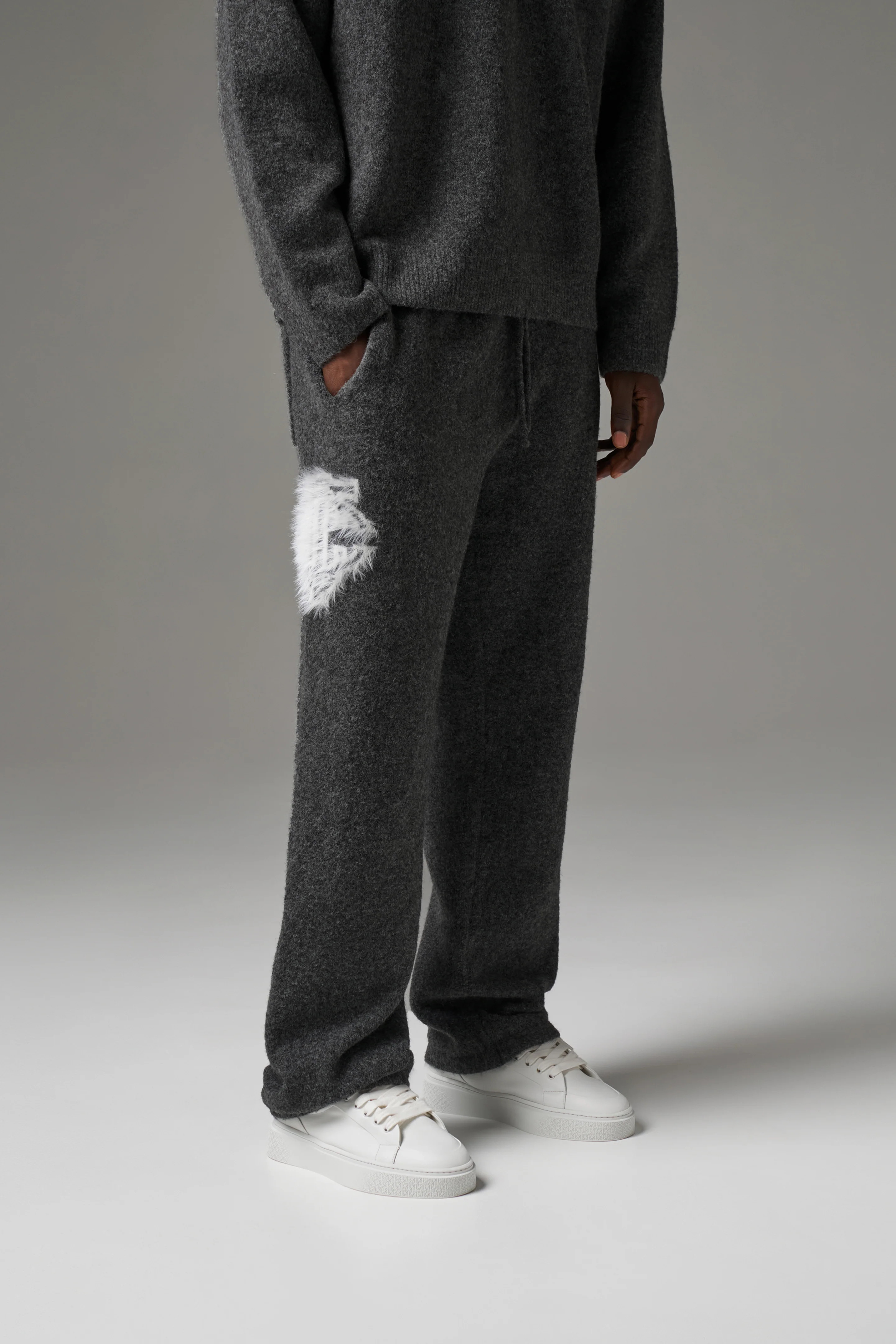 MONOGRAM FLUFFY KNIT JOGGERS - CHARCOAL | The Couture Club
