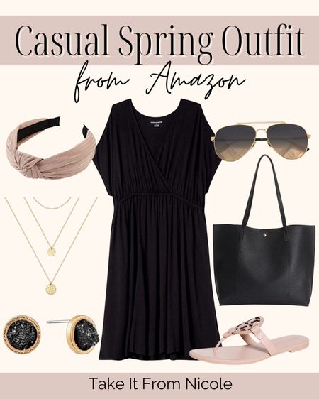 Casual spring outfit from Amazon. Items include a black dress, a black purse, aviator sunglasses, nude flip flops, stud earrings, a nude headband and a gold layered necklace  

#LTKunder100 #LTKunder50 #LTKSeasonal