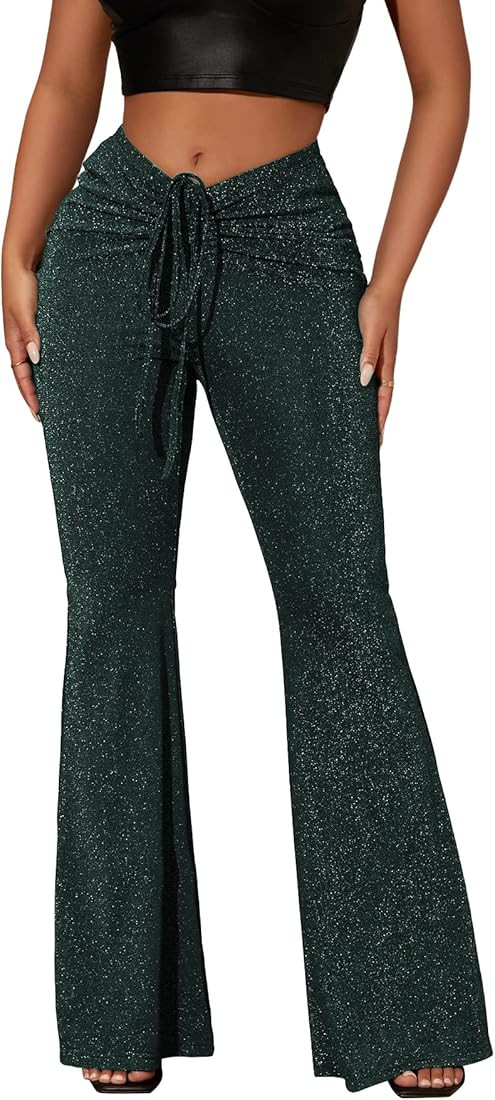 SOLY HUX Women's Metallic Sequin Tie Front Elastic Waist Flare Leg Pants Bell Bottom Disco Trouse... | Amazon (US)
