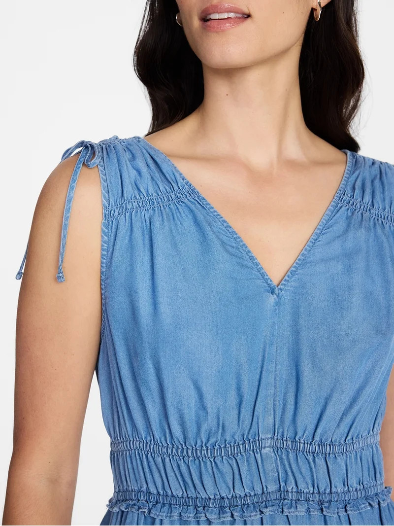 Time and Tru Women's Ruched Tie Shoulder Midi Dress, Sizes XS-XXXL - Walmart.com | Walmart (US)