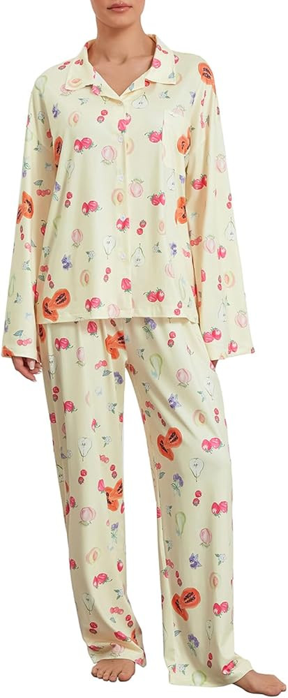 UAURORAO Women Floral 2 Piece Pajamas Sets Long Sleeve Button Down Shirt Wide Leg Pants Outfits L... | Amazon (US)
