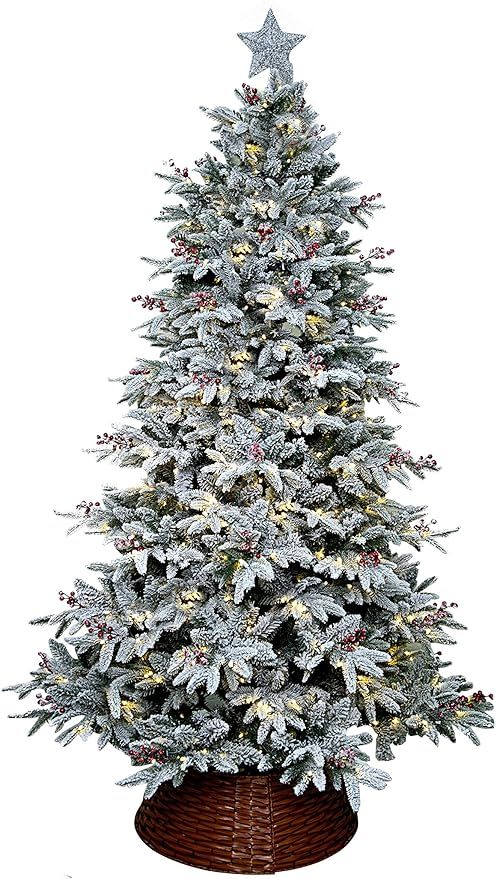 ABUSA Flocked Prelit Artificial Christmas Tree Top Star Tree Collar Gifted 7.5 ft Snowy Spruce wi... | Amazon (US)