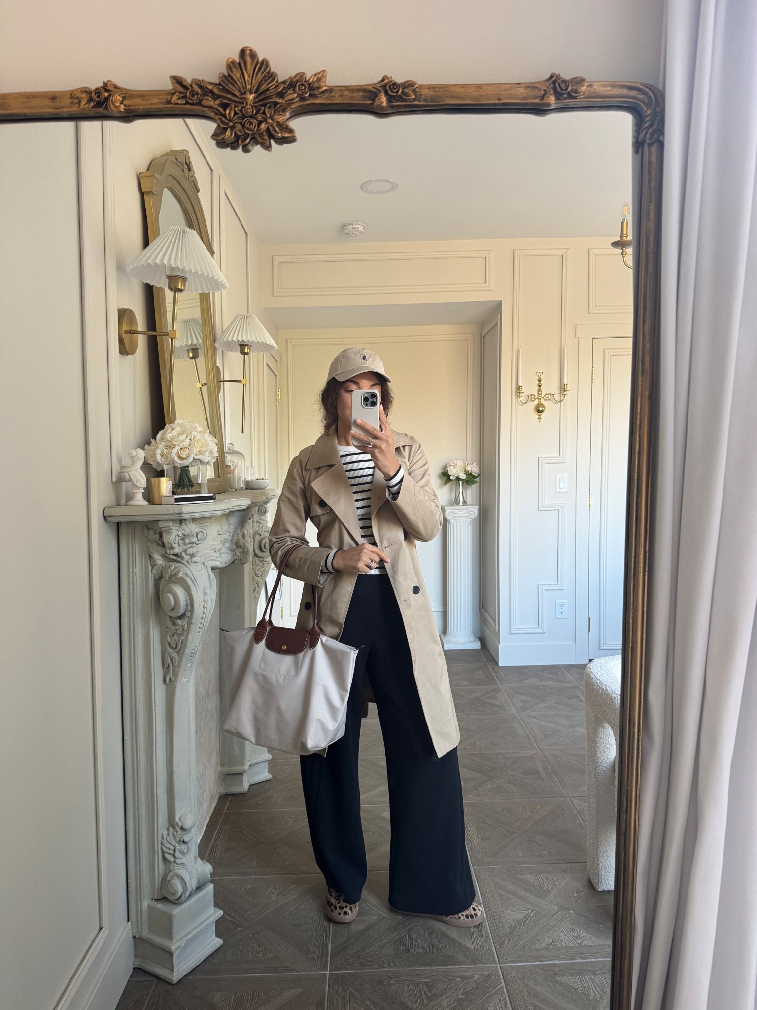 casual chic spring outfit with a trench coat, baseball cap, Longchamp bag, and sneakers 

#LTKootd