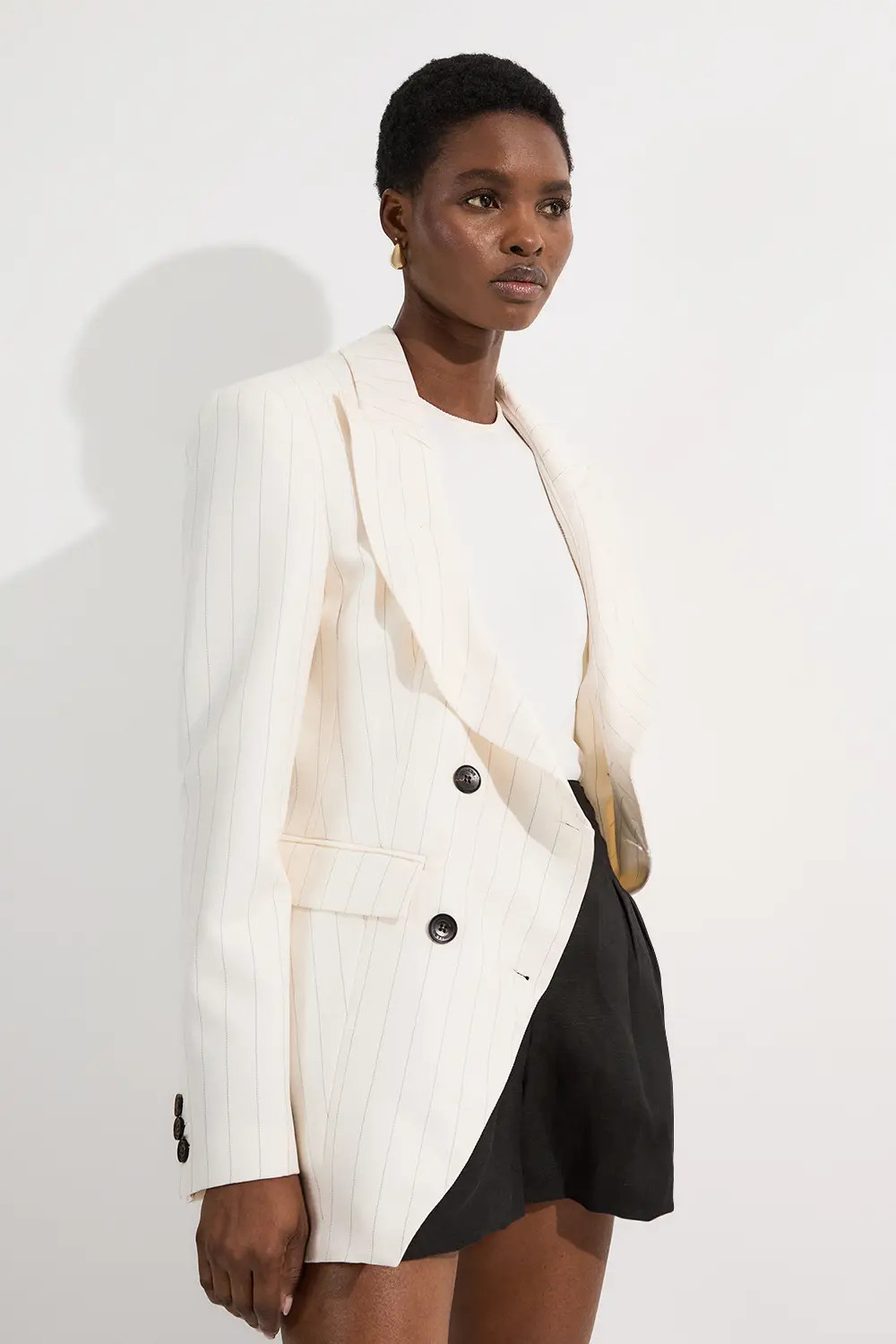 Ivory Pinstripe Double Breasted Waisted Tailored Jacket | Karen Millen | Karen Millen UK + IE + DE + NL