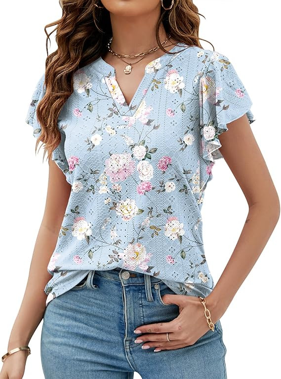 Ivicoer Womens V Neck Eyelet Ruffle Short Sleeve Shirts Loose Fit Tops Dressy Casual Blouses | Amazon (US)