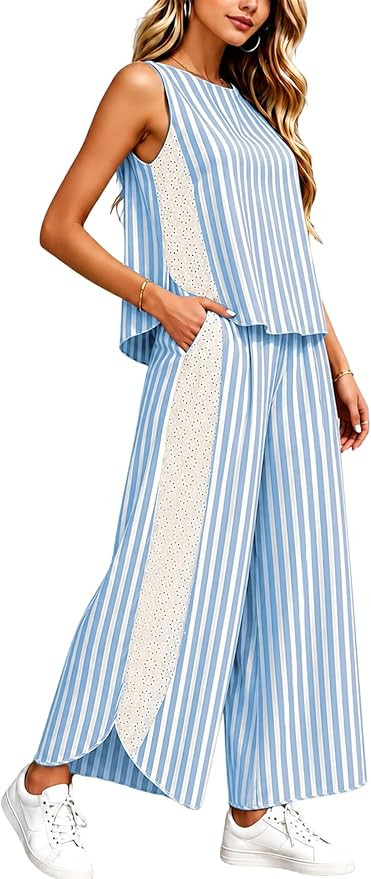 Yeokou Womens Striped Lounge Set 2 Piece Summer Travel Vacation Sets Sleeveless Tops and Wide Leg... | Amazon (US)