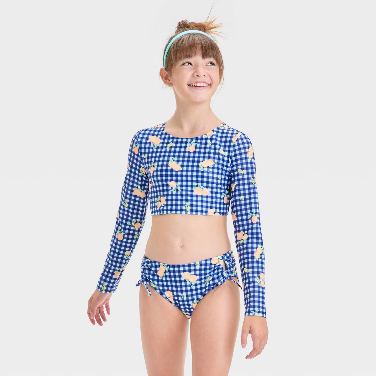 Girls' Orange Blossom Gingham Checkered Rash Guard Set - art class™ Navy Blue M: UPF 50+, Stret... | Target
