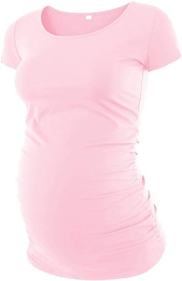 Womens Mama Maternity Tunic Tops Side Ruched T-Shirt Short Sleeve Fitted Pregnancy Clothes | Amazon (US)