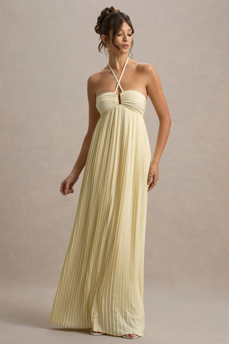 Elayne | Pale Lemon Halter-Neck Maxi Dress With Cut-Out Detail | Club L London
