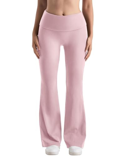 MOOSLOVER Women Flare Leggings Fold Over Bootcut Yoga Pants Casual Y2K Lounge Pants Comfy Cotton Leggings(S,Light Pink) | Amazon (US)