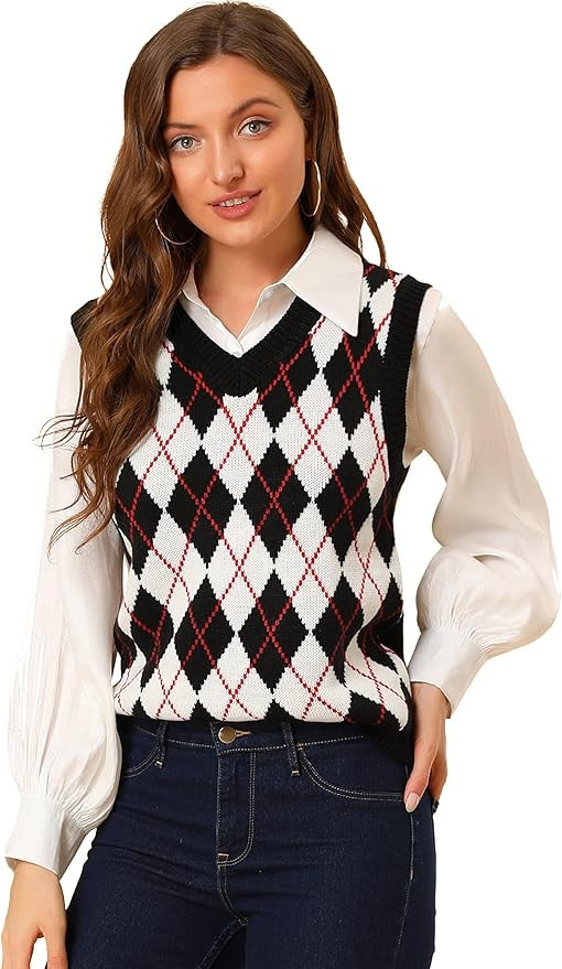 Allegra K Women's Plaid Check Halloween Knit Argyle Sweater Sleeveless Vest | Amazon (US)