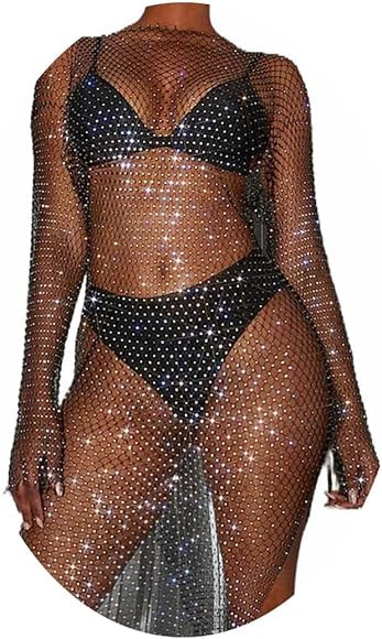 Fstrend Women Rhinestone Mesh Dress Rhinestone Black Long Skirts See Through Fishnet Cover up Swi... | Amazon (US)