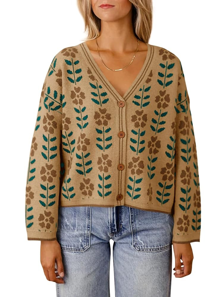 Saodimallsu Womens Floral Print V Neck Cardigan Open Front Button Down Knit Sweater Long Sleeve L... | Amazon (US)