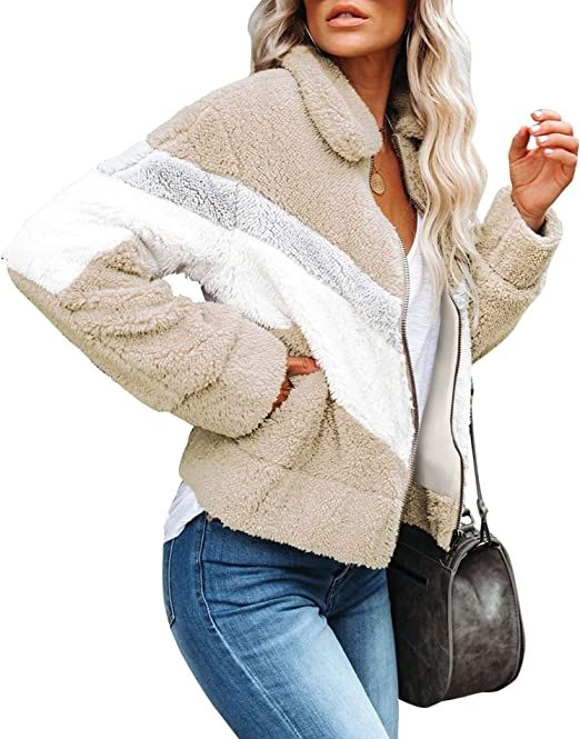MARZXIN Women's Lapel Zip Up Fuzzy Fleece Shaggy Oversized Coat Faux Shearling Jacket with Pocket... | Amazon (US)