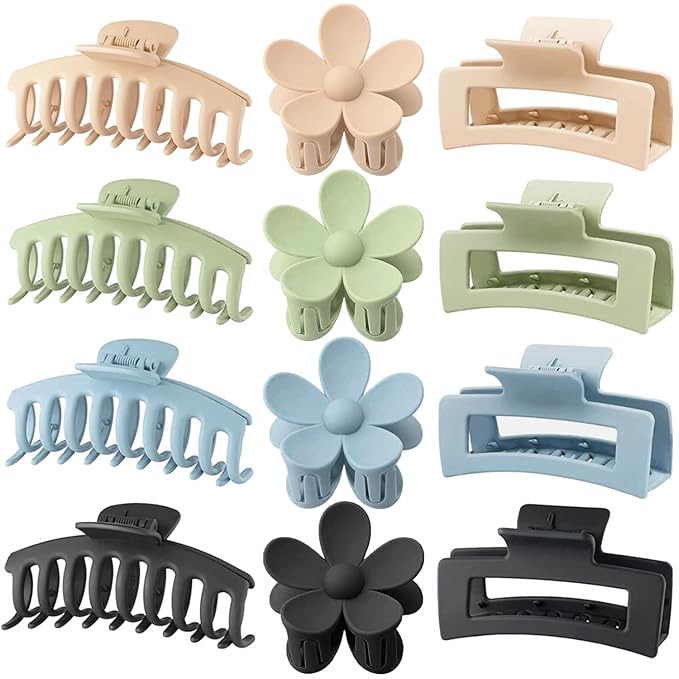 Large Hair Claw Clips 12 Pack 4.3 Inch Rectangle Hair Claw Clips Flower Hair Clips for Women Thin... | Amazon (US)