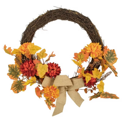 Northlight 20" Fall Foliage with Mum Flowers Artificial Thanksgiving Twig Wreath - Unlit | Target