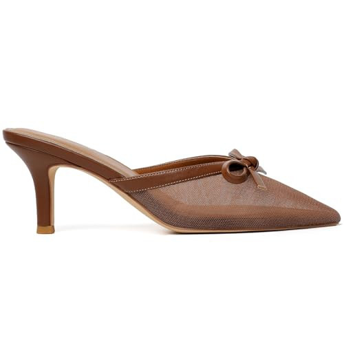 Mostrin Brown Heels for Women Bow Mesh Sandals Kitten Mules Pointed Closed Toe Heels Slip on Stiletto Pumps Shoes Size 10.5 | Amazon (US)