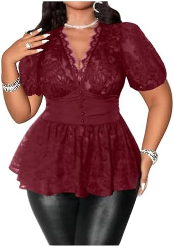 MakeMeChic Women's Plus Size Sexy Lace Peplum Tops | Amazon (US)