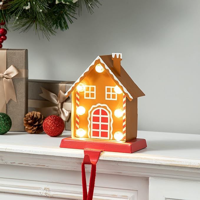 glitzhome 6.75" H LED Light Gingerbread House Christmas Stocking Holder,Metal Xmas Hanging Hooks ... | Amazon (US)