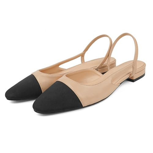 SHOEXY Slingback Flats Womens Closed Round Toe Two Tone Shoes Low Heels Casual Work Dress Nude Flats US5.5 | Amazon (US)
