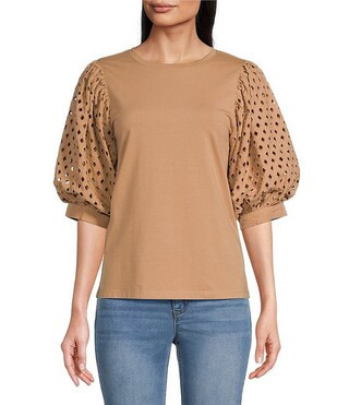 Gibson & Latimer Knit Contrast Eyelet Crew Neck Short 3/4 Balloon Sleeve Top | Dillard's | Dillard's