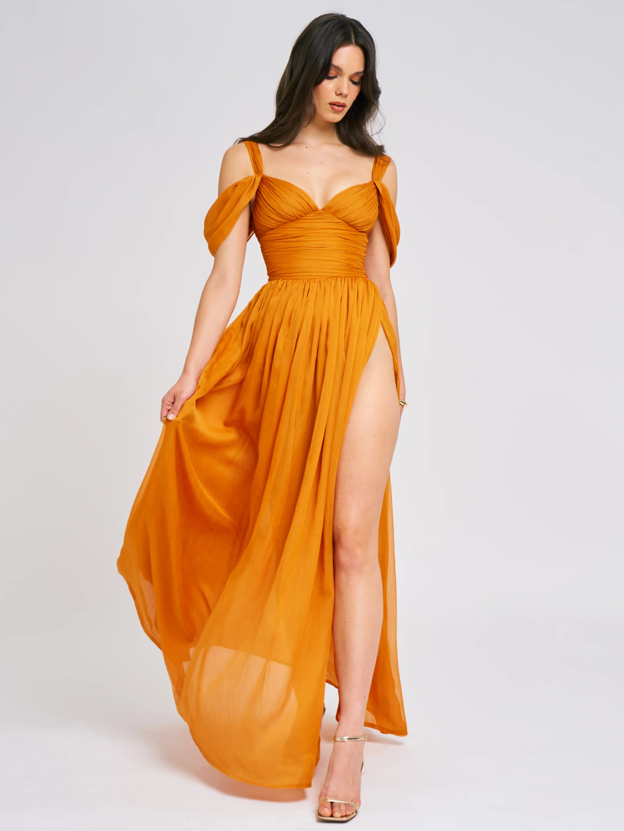 Jelani Layered Mesh High-Slit Drape Maxi Dress | Miss Circle