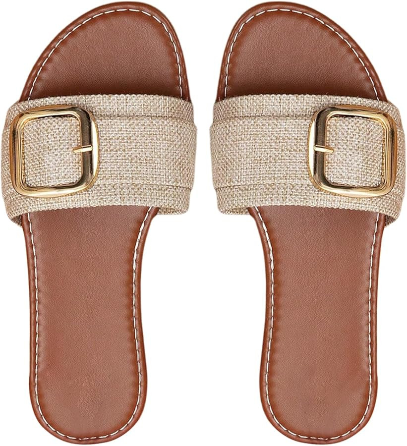 GORGLITTER Women's Trendy Wide Width Flats Sandals Summer Beach Vacation Strappy Chain Slide Sand... | Amazon (US)