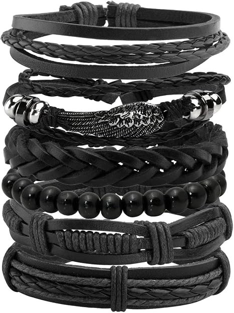 Mens Bracelet Braided Leather Punk Rock Cuff Bracelets Wrap Bracelet for Men Women Black | Amazon (US)