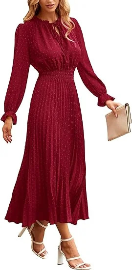 PRETTYGARDEN Women's Spring Fall Midi Dress Casual Long Sleeve V Neck Swiss Dot Pleated A Line Fl... | Walmart (US)