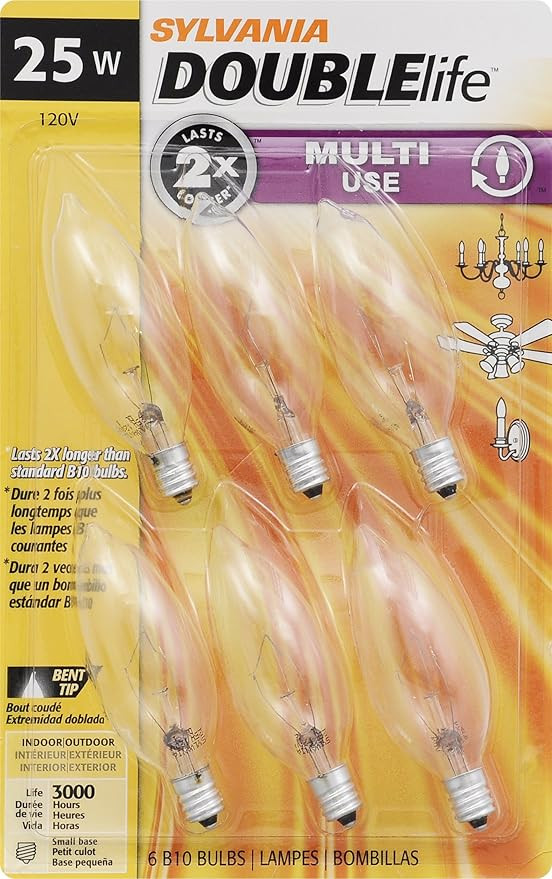 SYLVANIA Home Lighting 18748 Incandescent Bulb, B10-25W-2850K, Double Life, Clear Finish, Candela... | Amazon (US)