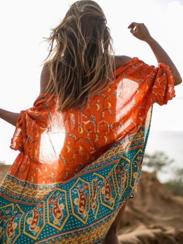 Kimono Cover Up Boho Chiffon Orange Red Half Sleeve Beach Wear For Women | Milanoo