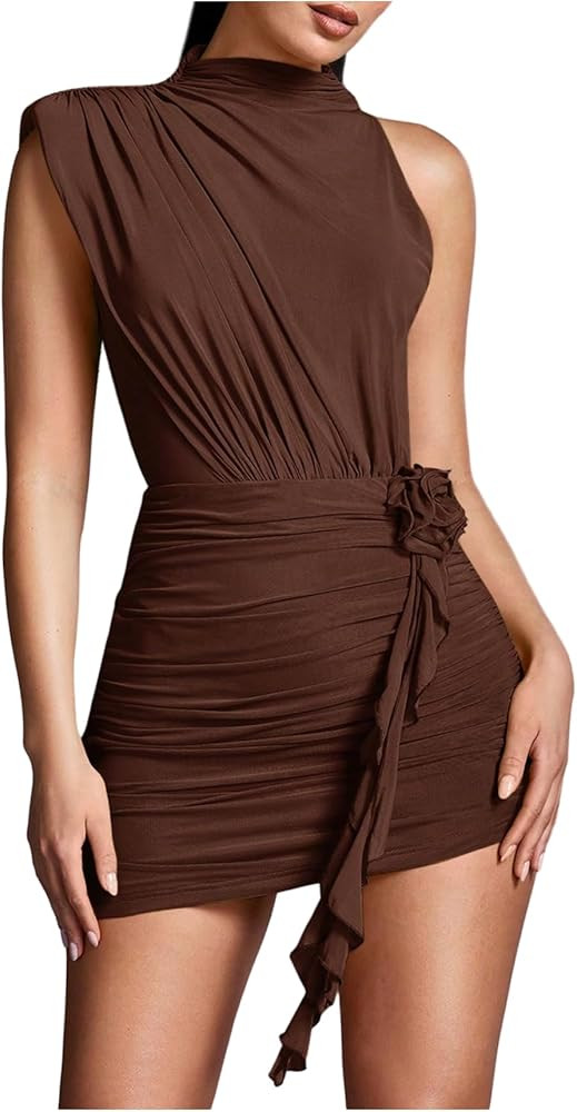 GORGLITTER Women's Flower Asymmetrical Bodycon Mini Dress Mesh Mock Neck Sleeveless Summer Cute C... | Amazon (US)