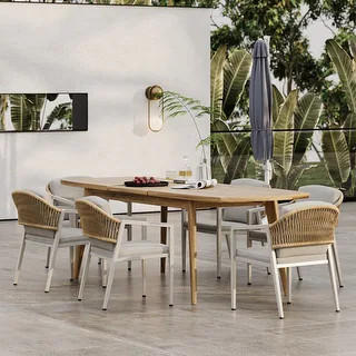 Hares Farmhouse Outdoor Acacia Wood 7-Piece Dining Sets with Cushions by Christopher Knight Home ... | Bed Bath & Beyond