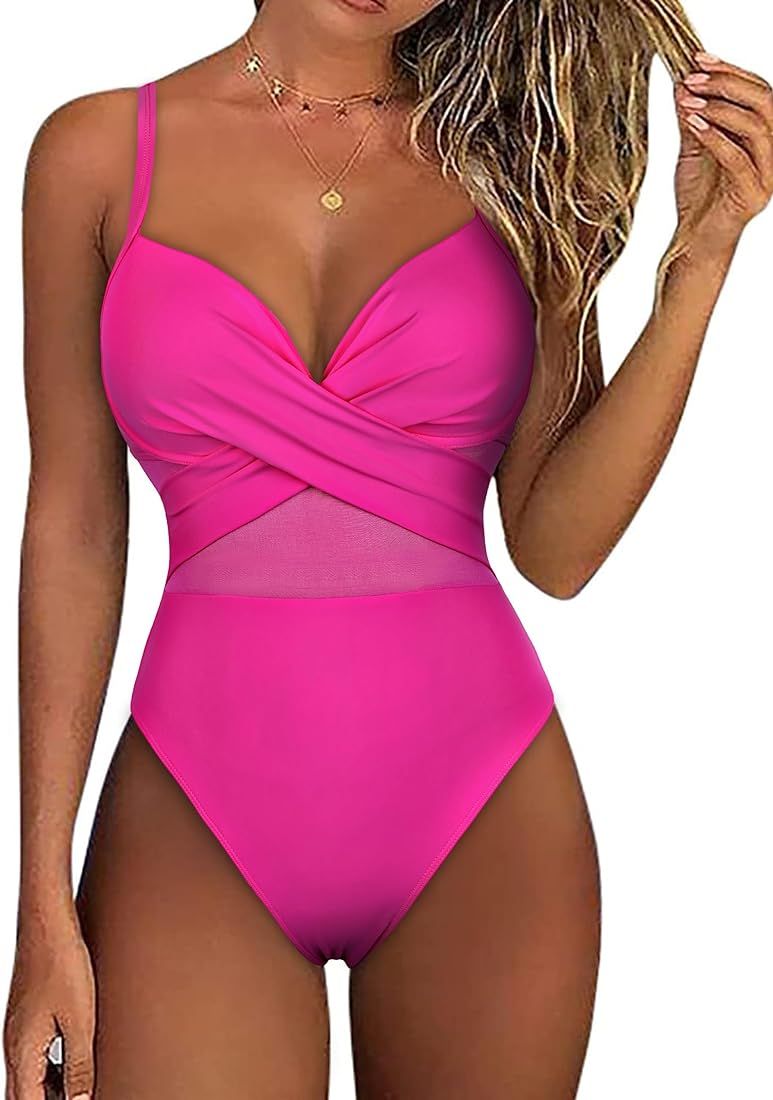 Firpearl Underwire One Piece Swimsuits for Women Mesh Sexy Cut Out Swimming Suit Criss Cross Push... | Amazon (US)