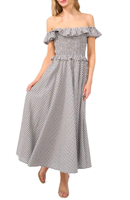 CeCe Gingham Off the Shoulder Cotton Dress in Rich Black at Nordstrom, Size Medium | Nordstrom