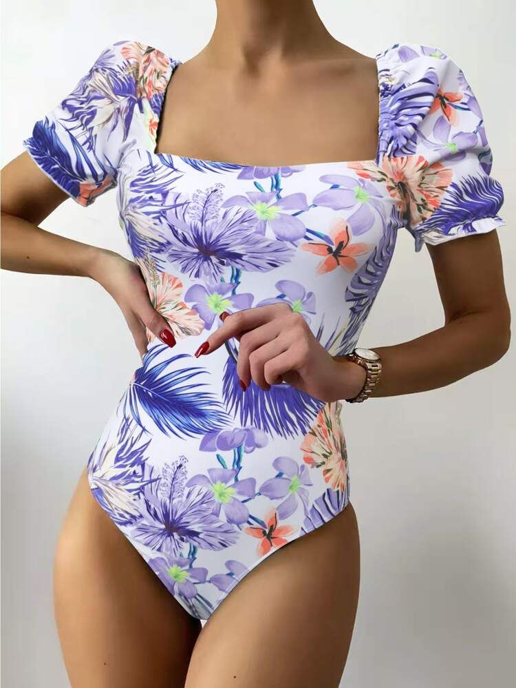 NEWFloral & Tropical Lace-up Back One Piece Swimsuit | SHEIN