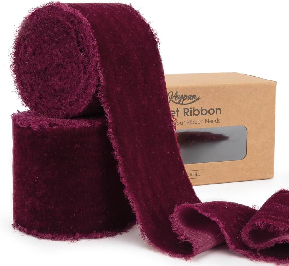 Burgundy Velvet Ribbon 2-1/2 Inch x 6 Yd Handmade Frayed Vintage Wide Ribbons for Christmas Tree ... | Amazon (US)