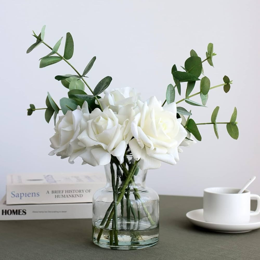 14" Artificial Flowers with White Roses in Vase, Fake Flowers in Artificial Water Vase, Silk Flower Arrangements in Vase with Artificial Flowers for Home Dining Table Decor. | Amazon (US)