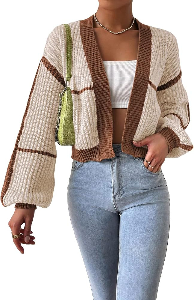 SweatyRocks Women's Casual Color Block Long Sleeve Open Front Cardigan Sweater Top | Amazon (US)