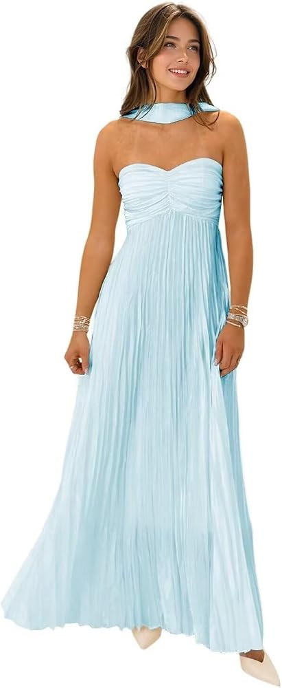 Women's Strapless Chiffon Bridesmaid Dresses with Scarf Long A-Line Pleated Formal Evening Dress ... | Amazon (US)