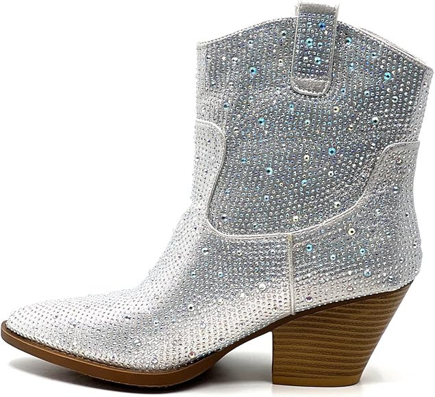 Women Rhinestone Block Chunky Heel Ankle Bootie | Amazon (US)